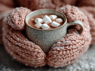 Des mains dans des gants de laine entourant une tasse de chocolat chaud avec des chamallows. Générée par IA