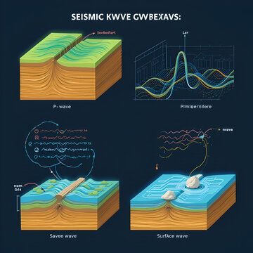 Seismic wave types vector icon set. Isometric P-wave, S-wave, and surface wave diagram. Geology science infographic about earthquake ground motion and propagation.