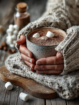 Des mains entourant une tasse de chocolat chaud avec des chamallows. G&eacute;n&eacute;r&eacute;e par IA