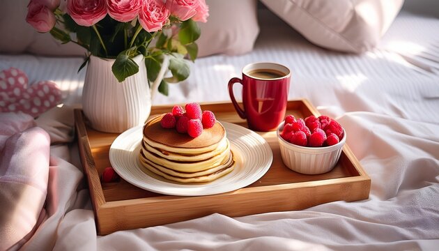 breakfast in bed featuring fluffy pancakes with heart shaped toppings fresh raspberries a cup of coffee and a bouquet of flowers on a wooden tray creating a cozy morning atmosphere