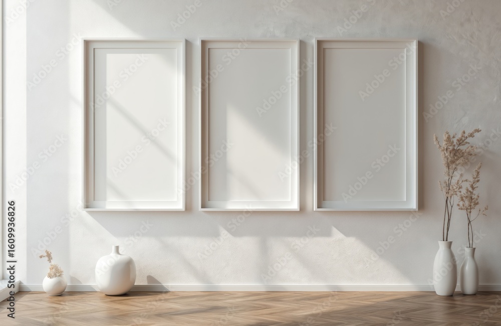 Poster minimalist interior features three large blank white frames arranged on textured wall, creating 3d l