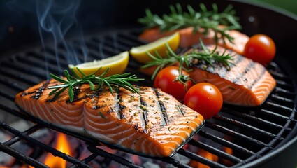 Barbecued Salmon with Rosemary, Cherry Tomatoes, and Lemon on Flaming Grill