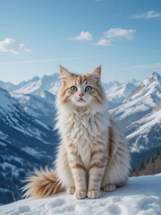 Portrait of a funny turkish angora cat over snowy mountain range