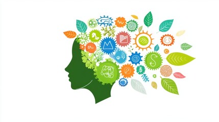 Eco friendly thinking concept illustration with green head and gears and leaves