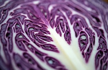 Obraz premium Extreme closeup of vibrant purple cabbage cross-section. Intricate pattern of leafy vegetable natural texture, deep violet hues, fresh, organic qualities perfect for healthy eating concepts.