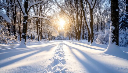 Obraz premium Snow-covered path through a winter forest, sunlight streams through trees