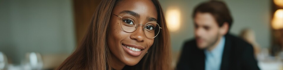 Smiling young african female with glasses in professional setting