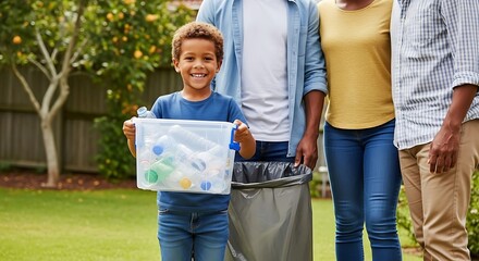 Young boy separating waste with family in backyard