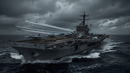 U.S. Navy Aircraft Carrier Launching Jets at Sea – Powerful Military Fleet in Action Under Cloudy Sky
