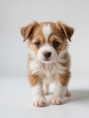 An adorable tiny brown and white puppy dog takes its first wobbly steps on a pure white background.