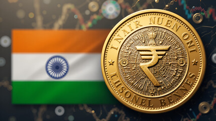 Indian Union Budget, India economy, finance icon, Indian rupee coin with Indian map vector illustration, typography