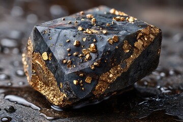 A black diamond-shaped rock with gold particles, sitting on wet ground, highly detailed.