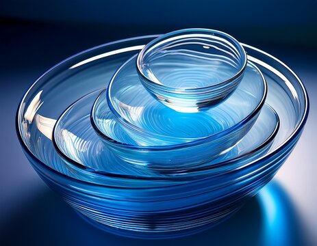 elegant clear glass bowls reflect soft blue light modern abstract design creating beautiful shadows and highlights