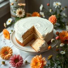 The viel breaks off a piece of cake on a white table among the flowers