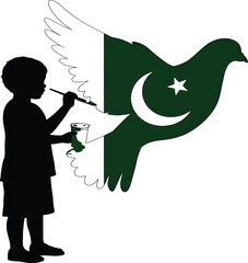 Minimalist silhouette of child painting Pakistani flag inside dove on white background