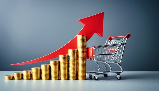rising stack of gold coins with red upward arrow and shopping cart on gray background representing retail price inflation and consumer spending growth