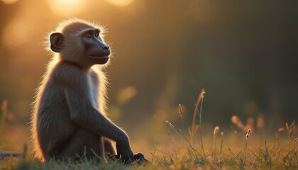 Young baboon sits peacefully in grassy field bathed in warm sunset light. Animal gazes thoughtfully into distance. Its fur is backlit, creating a halo effect. Gentle nature scene, primate portrait.