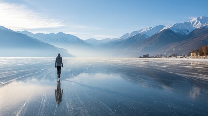 Woman walks on frozen lake, mountains