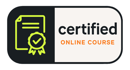 This image displays a certified online course badge, perfect for educational and training platforms. Modern flat vector sticker label with icon and badge style, UI design, transparent background