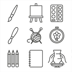 Fototapeta premium Artistic Hobby Icons. Line style icons of artistic hobbies: paintbrush, canvas on easel, watercolor palette, sculpting tool,