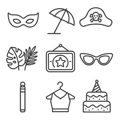 Naklejka premium Party Theme Icons. Line style icons of themed parties: masquerade mask, beach umbrella, pirate hat, jungle leaves, neon light sign