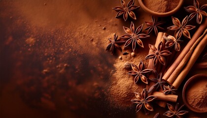 rich brown background with spices like cinnamon and star anise creates a warm atmosphere