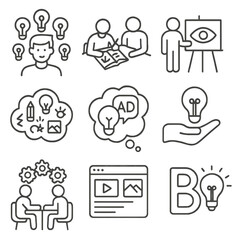 Creative Brainstorming Icons. Line style icons of brainstorming in creative industries: designer with ideas, sketchbook in meeting