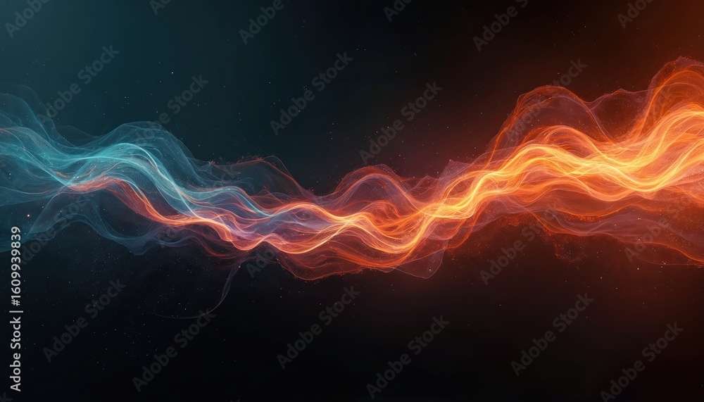 Poster abstract digital wave pattern, glowing orange, white lines flow across dark background. futuristic t