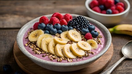 A smoothie bowl topped with berries and bananas