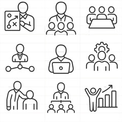 Leadership Icons. Line style icons of leadership and team roles: team leader with plan, department head icon, group meeting