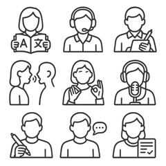 Career Line Icons. Line style icons of communication and language careers: translator with book, interpreter with headset,