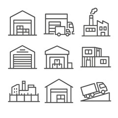 Industrial Icon Set. Line style icons of industrial and warehouse properties: warehouse unit, loading dock building, factory with