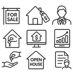 Property Sales Icons. Line style icons of property sales and investment: for sale signboard, house with price tag, real estate