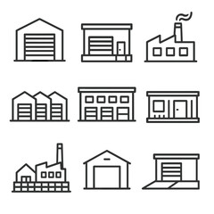 Industrial Icon Set. Line style icons of industrial and warehouse properties: warehouse unit, loading dock building, factory with © Valentyna