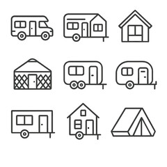 Mobile Housing Icons. Line style icons of mobile and temporary housing: RV camper van, trailer home with awning, portable