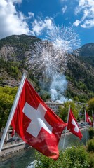 Switzerland confederation celebration: august first, independence Helvetic, tradition patriotic, ceremony joyful, citizen gathering, festival commemoration, red cross, white emblem, banner festivity