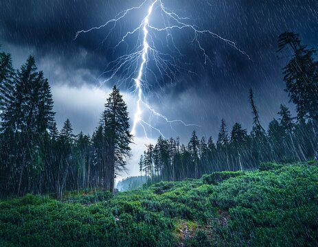 thunderstorm in a forest with crackling lightning illuminating dark trees and pounding rain in the night - Powered by Adobe