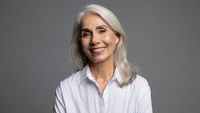 Smiling Senior Woman with Silver Hair in White Shirt - Powered by Adobe