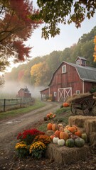 Beautiful autumn farm scene with pumpkins and hay bales for fall season harvest