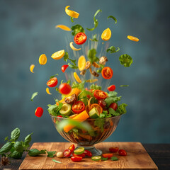 Vibrant Salad Toss: Long Exposure Photo of Flying Ingredients