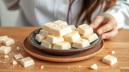 White chocolate,bar, pieces of natural white chocolate on a plate, a woman breaks off white chocolate.