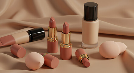 Elegant makeup essentials arranged on a soft, neutral backdrop for beauty branding and design