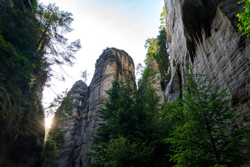 Adrspach, Czech Republic - 20.07.2025: View of the Adrspach-Teplice Rocks with Lake Piskovna. Forest and rocks.