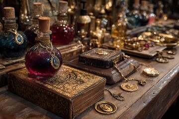 Magical alchemy table with enchanted potions, ancient books, and golden amulets