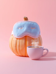 Pumpkin with sleep mask and hot cocoa on pink background