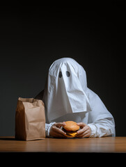 Ghost eating burger with paper bag on head in Halloween parody scene