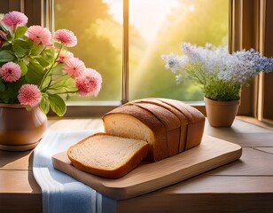 sliced loaf of bread by window flowers