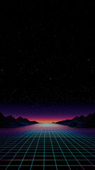 Retro Sci-Fi Landscape with Starry Sky and Wireframe Grid