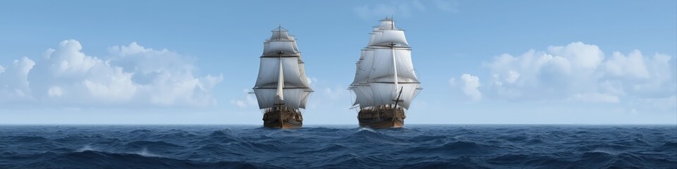 Fototapeta premium Two majestic sailing ships on the ocean with blue sky and clouds