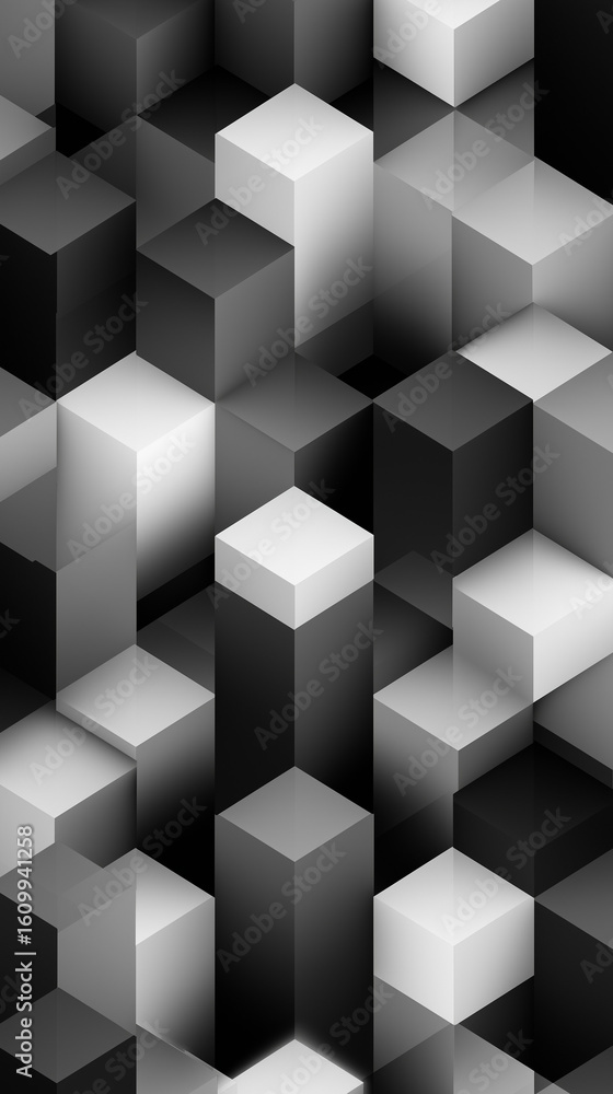 Poster monochrome abstract: geometric cubes with dynamic lighting and gradient effects